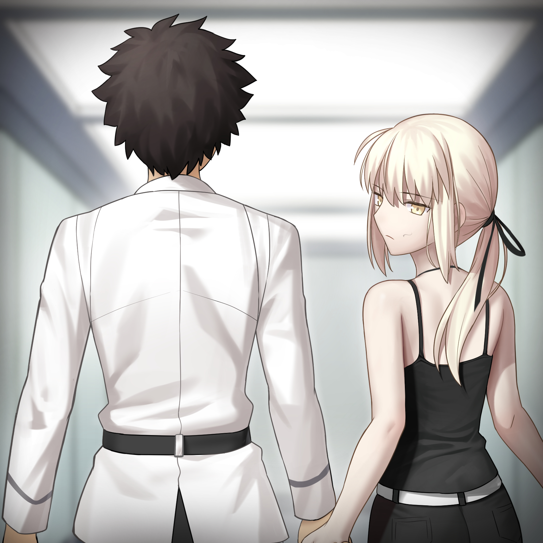 besmiled, artoria pendragon (fate), fujimaru ritsuka (male), saber alter, saber alter (ver. shinjuku 1999), fate/grand order, fate (series), commentary request, highres, 1boy, 1girl, belt, black belt, black ribbon, black shirt, blurry, blurry background, closed mouth, collared shirt, from behind, hair ribbon, holding hands, indoors, long hair, long sleeves, looking at viewer, looking back, ponytail, ribbon, shirt, short hair, shoulder blades, sidelocks, stray pubic hair, walking, white belt, white shirt, yellow eyes