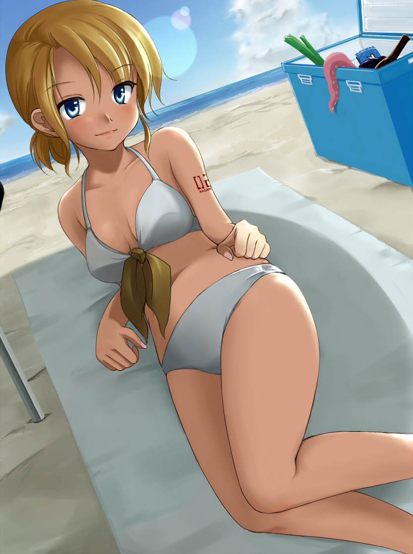 regdic, kagamine rin, vocaloid, 1girl, beach, bikini, blonde hair, blue eyes, cooler, day, female focus, lying, octopus, on side, outdoors, shade, short hair, solo, spring onion, swimsuit, tattoo, white bikini