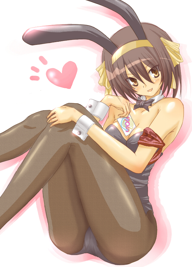 sato toshiya, suzumiya haruhi, suzumiya haruhi no yuuutsu, bad id, bad pixiv id, 00s, 1girl, animal ears, between breasts, breasts, brown eyes, brown hair, card, card between breasts, cleavage, fake animal ears, female focus, fishnet pantyhose, fishnets, holding, holding card, pantyhose, playboy bunny, rabbit ears, short hair, solo
