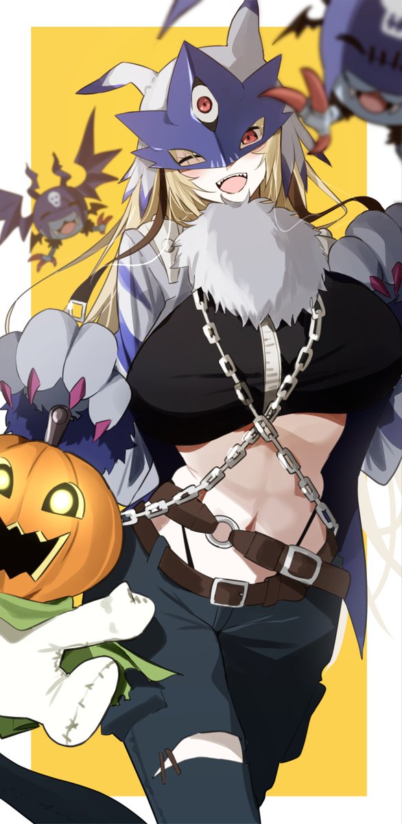 yotsumoto yuu, beelstarmon, picodevimon, pumpmon, digimon, highres, 1girl, black pants, blonde hair, breasts, coat, digimon (creature), eye mask, gloves, large breasts, long hair, mask, navel, one eye closed, pants, simple background, third eye, underboob, wings