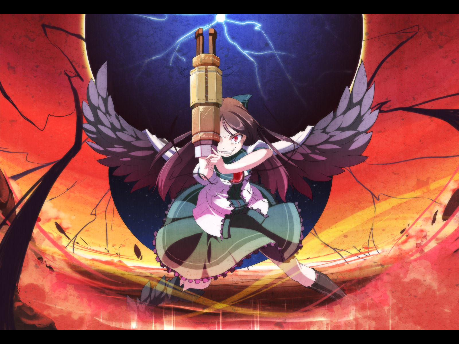 asakura masatoki, reiuji utsuho, touhou, highres, 1girl, alternate weapon, arm cannon, black hair, black wings, cape, female focus, grin, letterboxed, long hair, red eyes, smile, solo, weapon, wings