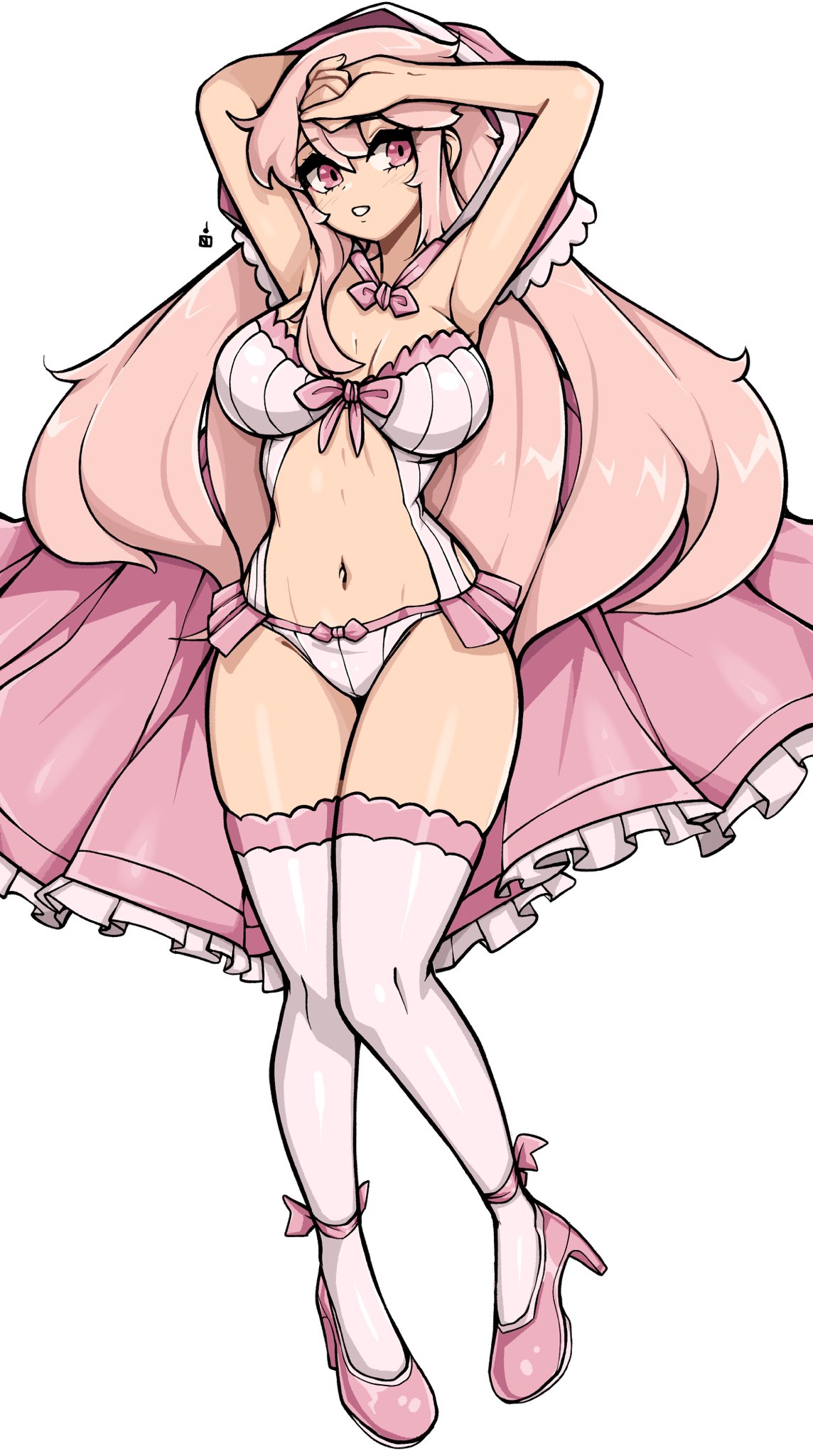 oninuer, original, commentary, commission, english commentary, highres, paid reward available, 1girl, arm behind head, arms up, babydoll, breasts, double-parted bangs, full body, high heels, large breasts, long hair, looking at viewer, navel, panties, parted lips, pink babydoll, pink eyes, pink hair, pink panties, pink shoes, pink thighhighs, shoes, simple background, solo, stomach, thighhighs, thighs, underwear, white background