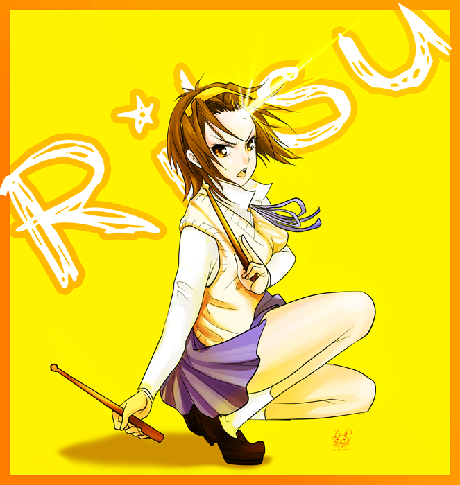 lilaccu, tainaka ritsu, k-on!, beam, 00s, 1girl, brown eyes, brown hair, drumsticks, female focus, fighting stance, forehead, hairband, headband, lens flare, ribbon, school uniform, short hair, skirt, solo, sweater vest, tomboy