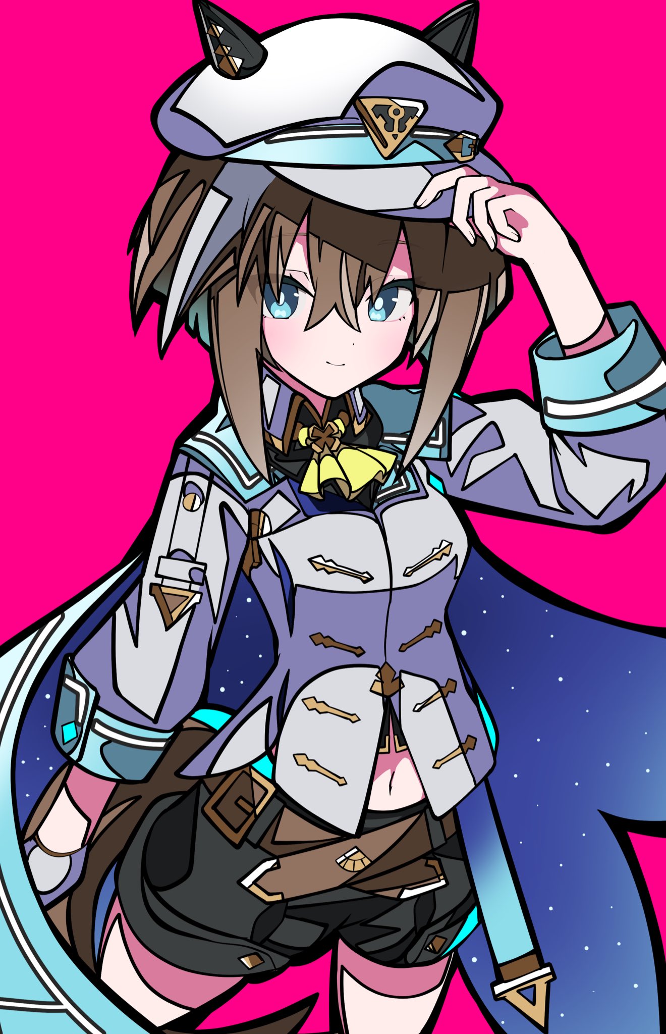 kikkasoon, cheval grand (grand itineraire) (umamusume), cheval grand (umamusume), umamusume, highres, 1girl, animal ears, ascot, belt, black shorts, blue cape, blue eyes, blush, breasts, brown hair, cape, closed mouth, ear covers, ears through headwear, gloves, hair between eyes, hat, horse ears, horse girl, horse tail, jacket, long sleeves, looking at viewer, midriff, midriff peek, multicolored hair, navel, peaked cap, pink background, short hair, shorts, simple background, single glove, smile, solo, streaked hair, tail, white hair, white hat, white jacket, yellow ascot