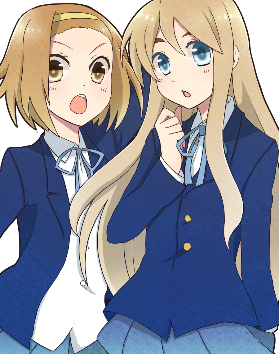 utami, kotobuki tsumugi, tainaka ritsu, k-on!, bad id, bad pixiv id, 00s, 2girls, blue eyes, brown eyes, brown hair, long hair, multiple girls, school uniform, short hair, tomboy