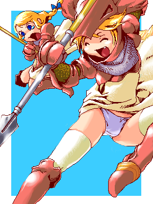 mikuni aoi, agrias oaks, dragoon (fft), dragoon (final fantasy), ramza beoulve, final fantasy, final fantasy tactics, lowres, 1boy, 1girl, armor, blonde hair, boots, bow, bulge, crossdressing, dragoon, falling, fang, gauntlets, helmet, oekaki, open mouth, panties, pantyshot, polearm, screaming, skirt, tears, thighhighs, trap, underwear, upskirt, weapon, white panties