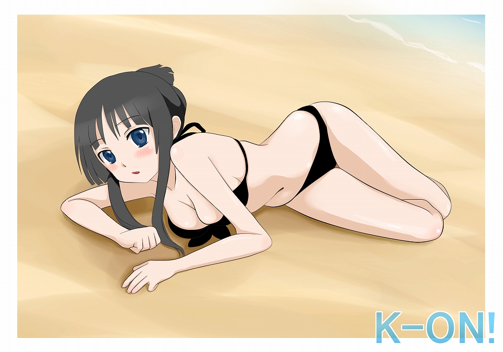 tera (teraura), akiyama mio, k-on!, 00s, 1girl, alternate hairstyle, beach, bikini, black bikini, black hair, blue eyes, breasts, cleavage, day, female focus, long hair, lying, on side, solo, swimsuit