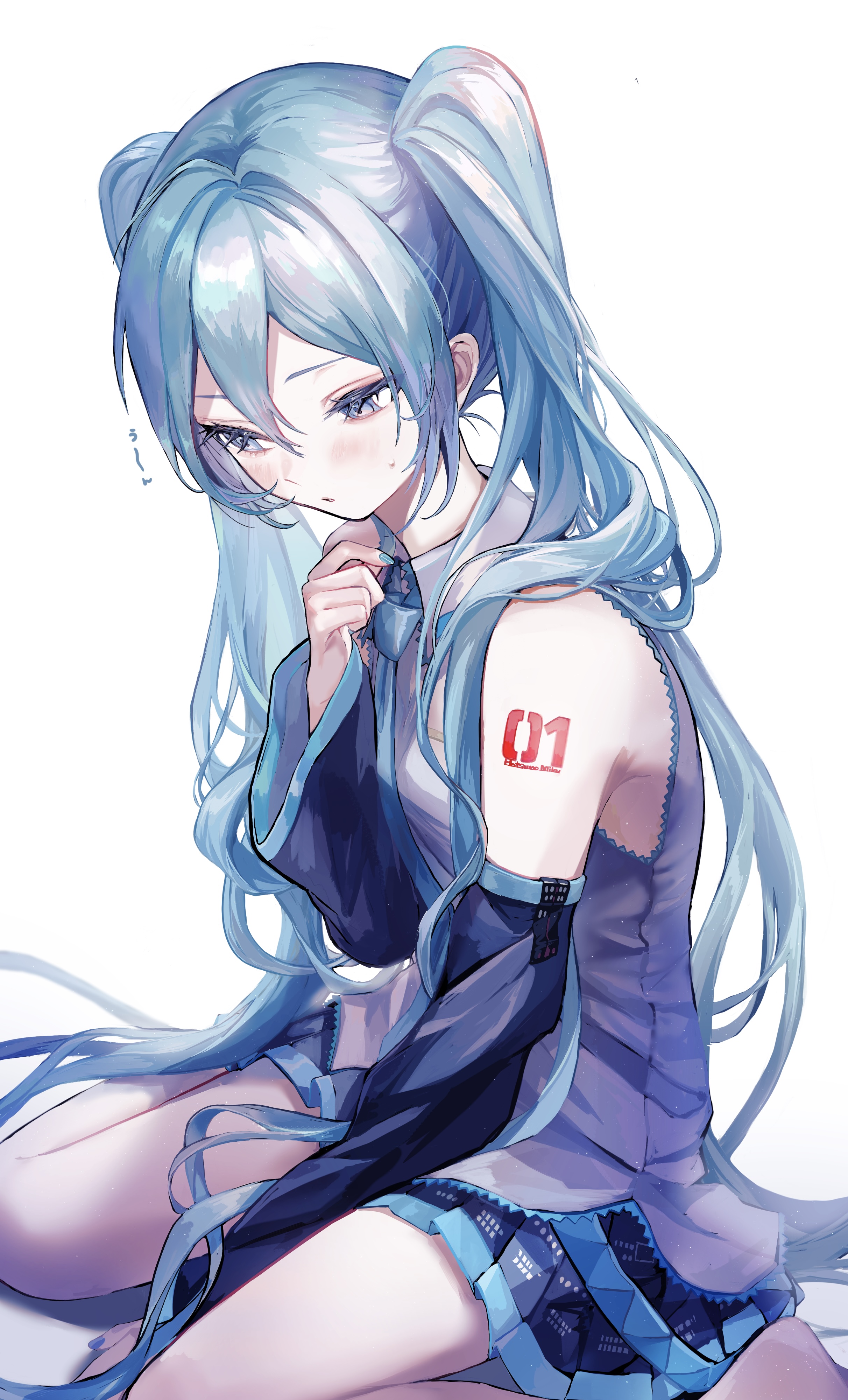 pipi (pipinavigation), hatsune miku, vocaloid, absurdres, commentary, highres, symbol-only commentary, 1girl, black skirt, black sleeves, blue eyes, blue hair, blue necktie, blush, collared shirt, detached sleeves, hair between eyes, long hair, long sleeves, miniskirt, necktie, number tattoo, pleated skirt, shirt, shoulder tattoo, simple background, sitting, skirt, sleeveless, sleeveless shirt, solo, tattoo, twintails, very long hair, wariza, white background, white shirt