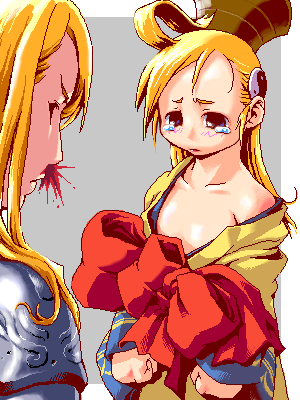 mikuni aoi, agrias oaks, mystic (fft), ramza beoulve, final fantasy, final fantasy tactics, lowres, ahoge, bare shoulders, blonde hair, blood, blush, bow, crossdressing, hat, lipstick, long hair, makeup, nosebleed, oekaki, robe, tears, trap, yin yang