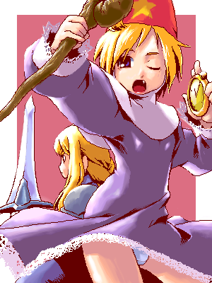 mikuni aoi, agrias oaks, ramza beoulve, time mage, time mage (fft), final fantasy, final fantasy tactics, lowres, ahoge, blonde hair, bulge, crossdressing, fang, hat, lace, lipstick, makeup, oekaki, panties, pantyshot, pocket watch, robe, staff, star (symbol), sword, trap, underwear, upskirt, watch, weapon, white panties, wink