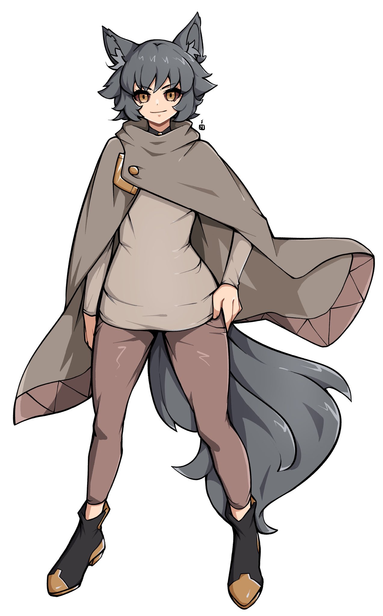 oninuer, original, commentary, commission, english commentary, highres, 1girl, animal ear fluff, animal ears, black shoes, brown cape, brown eyes, brown pants, brown sclera, brown shirt, cape, choppy bangs, closed mouth, colored sclera, full body, grey hair, hand on own hip, long sleeves, looking at viewer, pants, shirt, shoes, short hair, simple background, smile, solo, standing, tail, white background, wolf ears, wolf girl, wolf tail