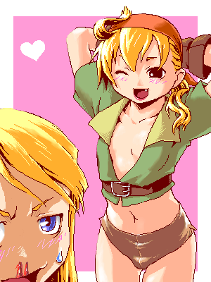 mikuni aoi, agrias oaks, ramza beoulve, thief (fft), final fantasy, final fantasy tactics, lowres, 1boy, 1girl, ahoge, arms behind head, arms up, bandana, belt, blonde hair, blood, blue eyes, blush, crossdressing, fang, gloves, heart, lipstick, long hair, makeup, midriff, navel, nosebleed, oekaki, one eye closed, ponytail, short shorts, shorts, sweatdrop, trap, wink