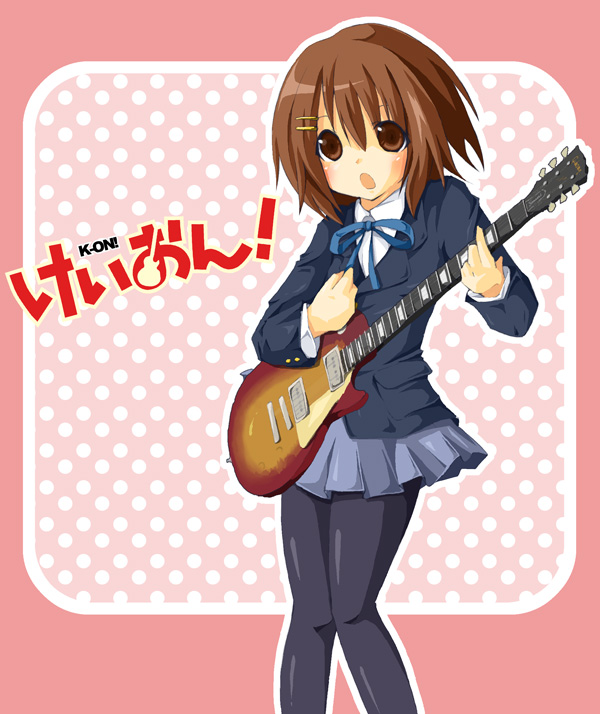 akina rei, hirasawa yui, k-on!, bad id, bad pixiv id, 00s, 1girl, brown eyes, brown hair, female focus, gibson les paul, guitar, instrument, pantyhose, school uniform, short hair, solo