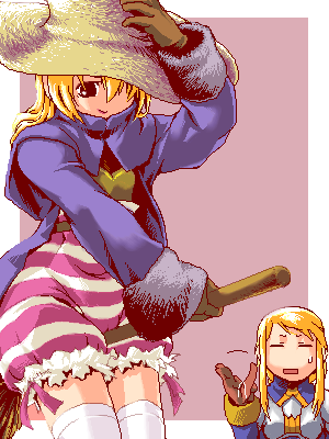 mikuni aoi, agrias oaks, black mage (fft), black mage (final fantasy), ramza beoulve, final fantasy, final fantasy tactics, black mage, lowres, blonde hair, bloomers, broom, broom riding, coat, crossdressing, gloves, hat, long hair, oekaki, ribbon, sweatdrop, thighhighs, trap, underwear, white thighhighs