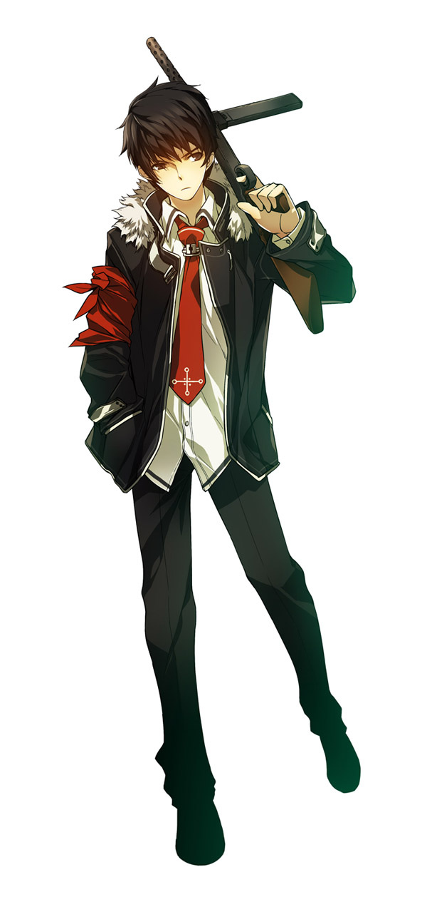 ress, bad id, highres, 1boy, armband, black hair, brown eyes, full body, gun, hands in pockets, jacket, male focus, necktie, pocketed hands, rifle, school uniform, short hair, simple background, solo, walking, weapon