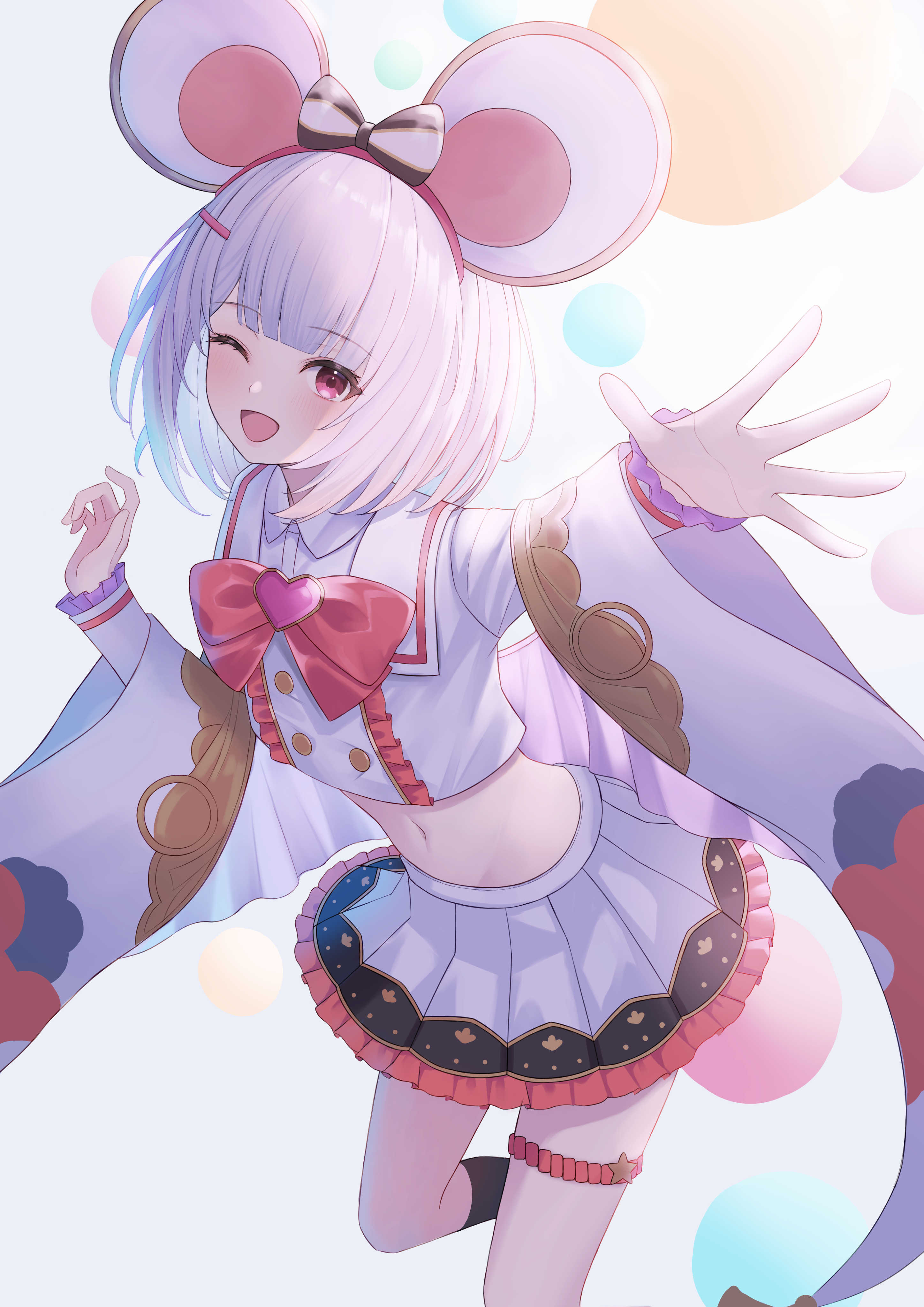 niccoriii, vikala (granblue fantasy), granblue fantasy, absurdres, commentary request, highres, 1girl, ;d, animal ears, black socks, bow, fake animal ears, grey background, hair ornament, hairclip, kneehighs, long sleeves, looking at viewer, mouse ears, navel, one eye closed, open mouth, red bow, red eyes, shirt, simple background, skirt, smile, socks, solo, white background, white hair