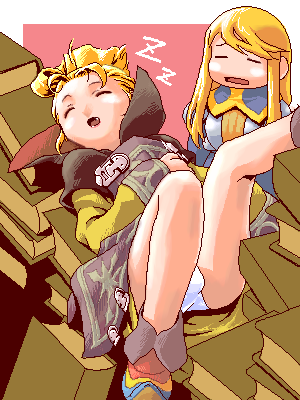 mikuni aoi, agrias oaks, arithmetician (fft), ramza beoulve, final fantasy, final fantasy tactics, lowres, 1boy, 1girl, ass, blonde hair, book, boots, bulge, closed eyes, crossdressing, fang, legs, lipstick, makeup, oekaki, panties, pantyshot, robe, sleeping, trap, underwear, upskirt, white panties