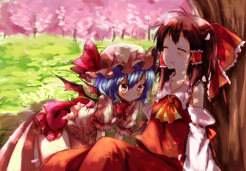 miya (tsumazukanai), hakurei reimu, remilia scarlet, touhou, bad id, bad pixiv id, 2girls, all fours, bat wings, blue hair, blush, bow, brown hair, cherry blossoms, dappled sunlight, detached sleeves, dress, drooling, female focus, hair bow, hair tubes, hat, hat ribbon, japanese clothes, miko, multiple girls, nervous, red eyes, ribbon, saliva, shade, sleeping, sunlight, tree, wings