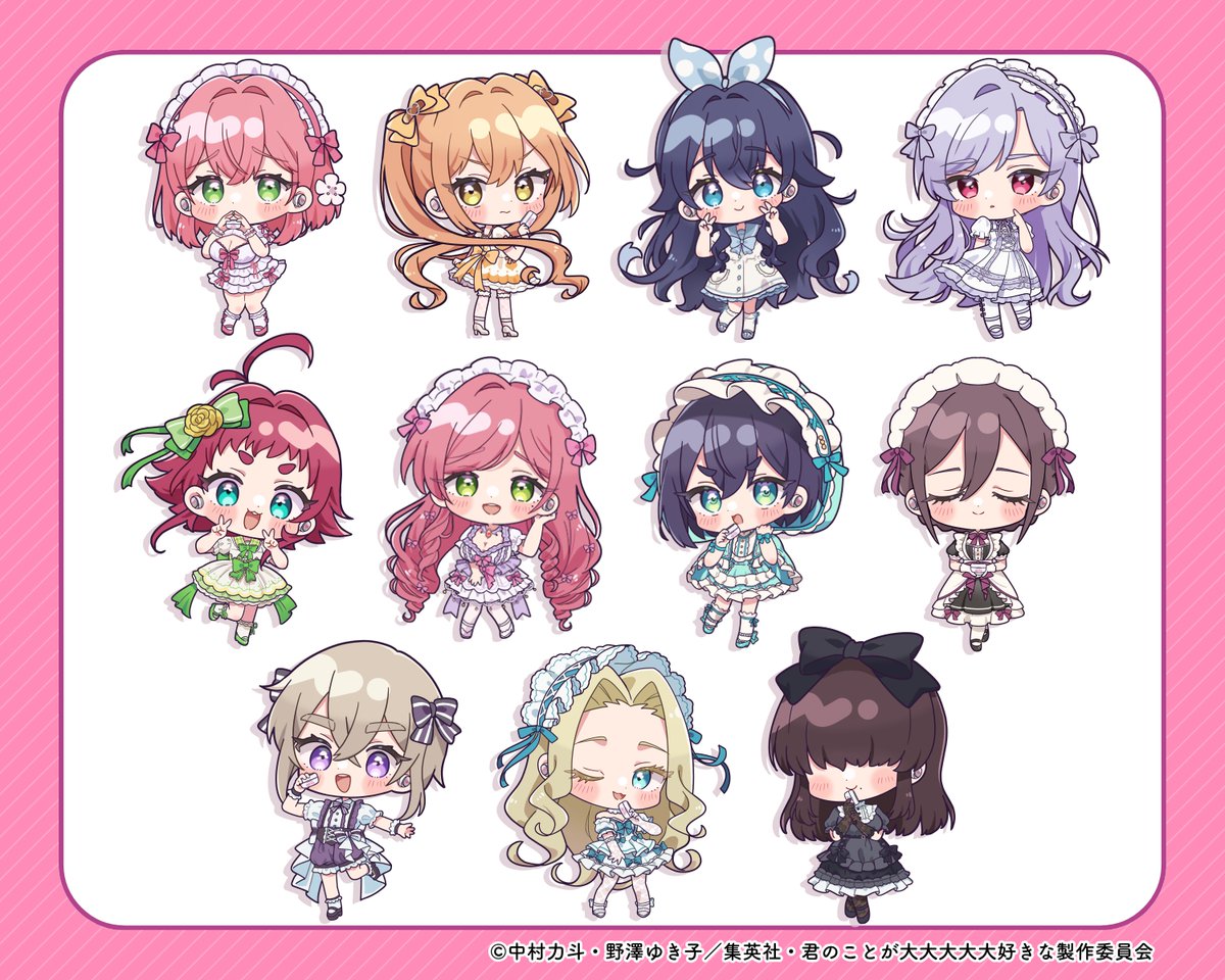 eiai nano, hanazono hahari, hanazono hakari, haraga kurumi, inda karane, kakure meme, meido mei, sutou iku, utsukushisugi mimimi, yakuzen kusuri, yoshimoto shizuka, kimi no koto ga dai dai dai dai daisuki na 100-nin no kanojo, commentary request, official art, 6+girls, :3, :d, black bow, black dress, black shoes, blonde hair, blue eyes, blue hair, blue hairband, blue shoes, blush stickers, bow, bow hairband, bowtie, breasts, chibi, chibi only, cleavage, closed eyes, closed mouth, copyright notice, crossed bangs, double-parted bangs, double v, dress, egissi, facing viewer, frilled dress, frilled hairband, frills, full body, green bow, green bowtie, green dress, green eyes, green hat, green shoes, hair between eyes, hair bow, hair over eyes, hairband, hand up, hands up, hat, long hair, looking at viewer, maid, maid headdress, mole, mole under mouth, multiple girls, open mouth, parted bangs, parted lips, pink hair, pink hairband, pink shoes, purple bow, purple dress, purple eyes, purple hair, purple hairband, purple shoes, red eyes, shoes, short hair, short sleeves, simple background, smile, socks, standing, striped bow, thick eyebrows, twintails, v, white background, white dress, white shoes, white socks, yellow bow, yellow eyes