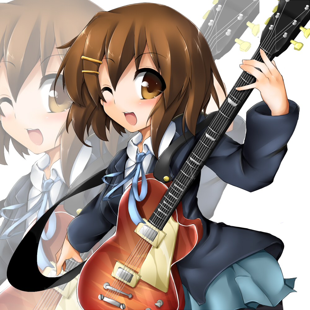 surikogi, hirasawa yui, k-on!, 00s, 1girl, brown eyes, brown hair, female focus, gibson les paul, guitar, instrument, open mouth, pantyhose, school uniform, short hair, solo, wink, zoom layer