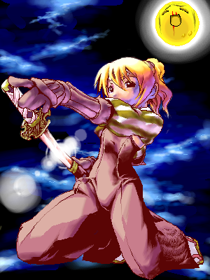 mikuni aoi, agrias oaks, ramza beoulve, samurai (fft), final fantasy, final fantasy tactics, lowres, 1boy, 1girl, blonde hair, blood, cloud, crossdressing, full moon, gloves, headband, katana, kneeling, lens flare, long hair, moon, night, night sky, nosebleed, oekaki, ponytail, samurai, sandals, sheath, sky, sword, trap, unsheathing, weapon