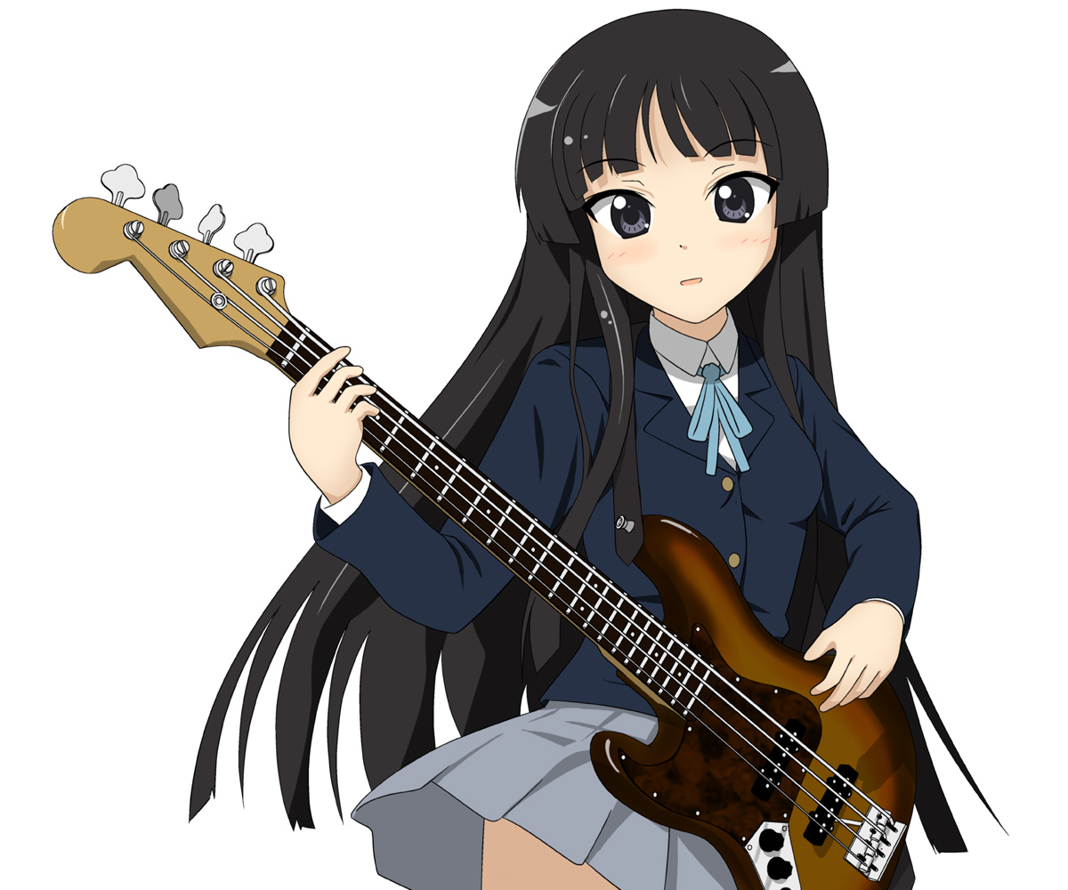 hiraizumi (mugenkidousha), akiyama mio, k-on!, 00s, 1girl, bass guitar, black eyes, black hair, female focus, guitar, instrument, long hair, school uniform, simple background, solo
