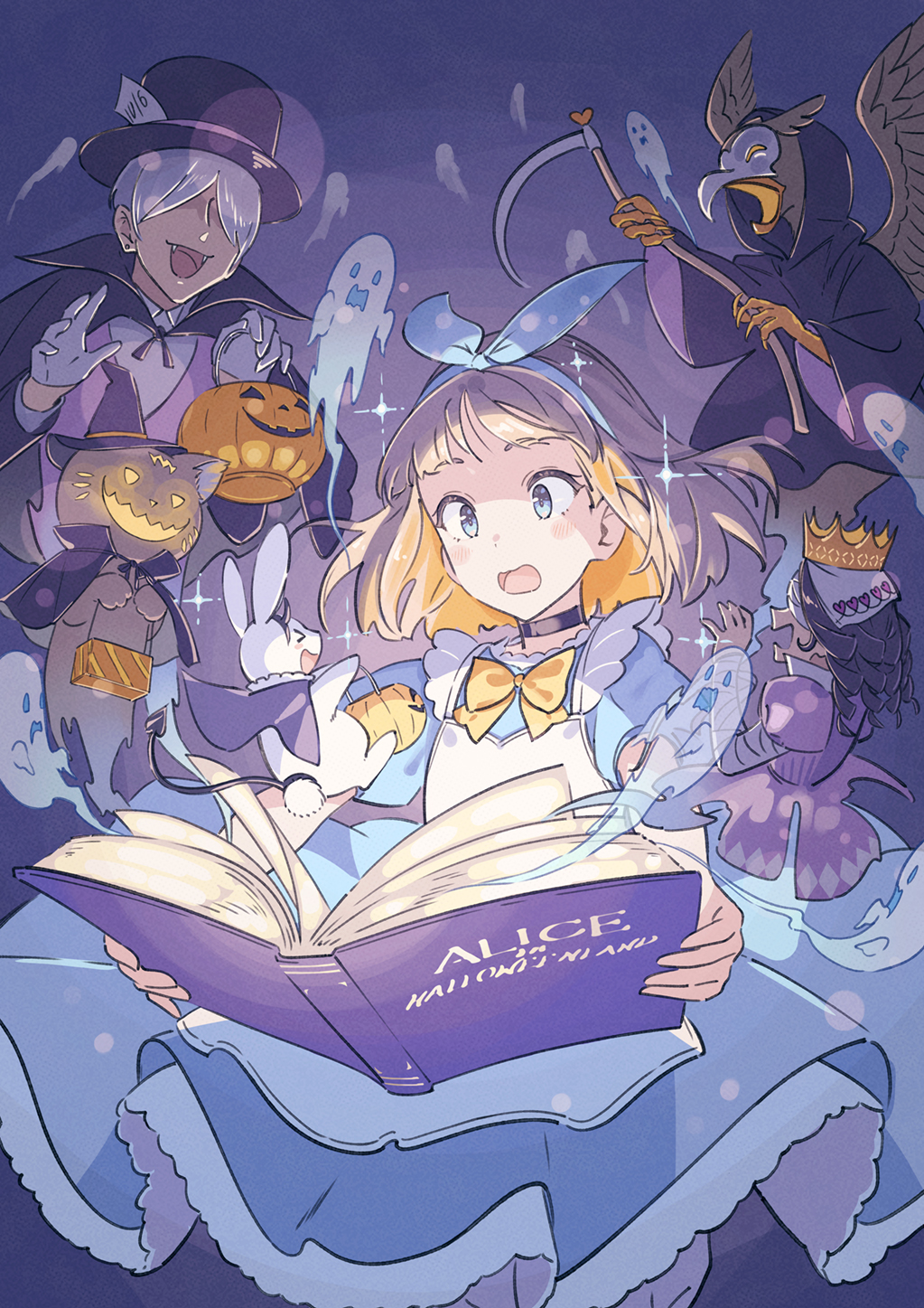 wakuseiy, alice (alice in wonderland), white rabbit (alice in wonderland), alice's adventures in wonderland, highres, 1boy, 1girl, apron, black choker, blonde hair, blue dress, blue eyes, book, choker, dress, frilled dress, frills, holding, holding book, looking at viewer, open book, open mouth, white apron