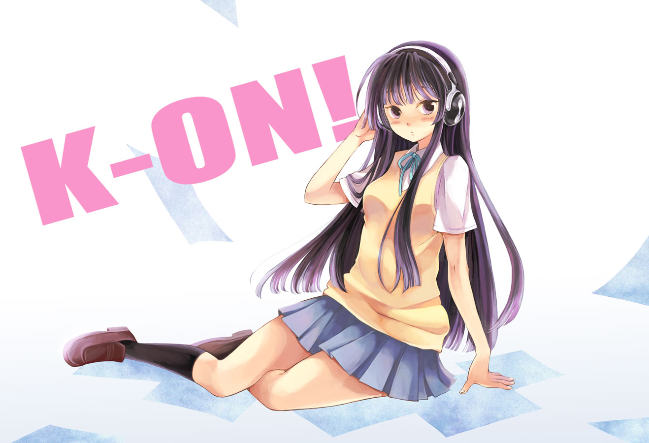 manami (artist), sugano manami, akiyama mio, k-on!, bad id, bad pixiv id, 00s, 1girl, black eyes, black hair, black socks, blue skirt, blunt bangs, blush, brown shoes, female focus, headphones, kneehighs, legs, loafers, long hair, pleated skirt, school uniform, shirt, shoes, sitting, skirt, socks, solo, white shirt