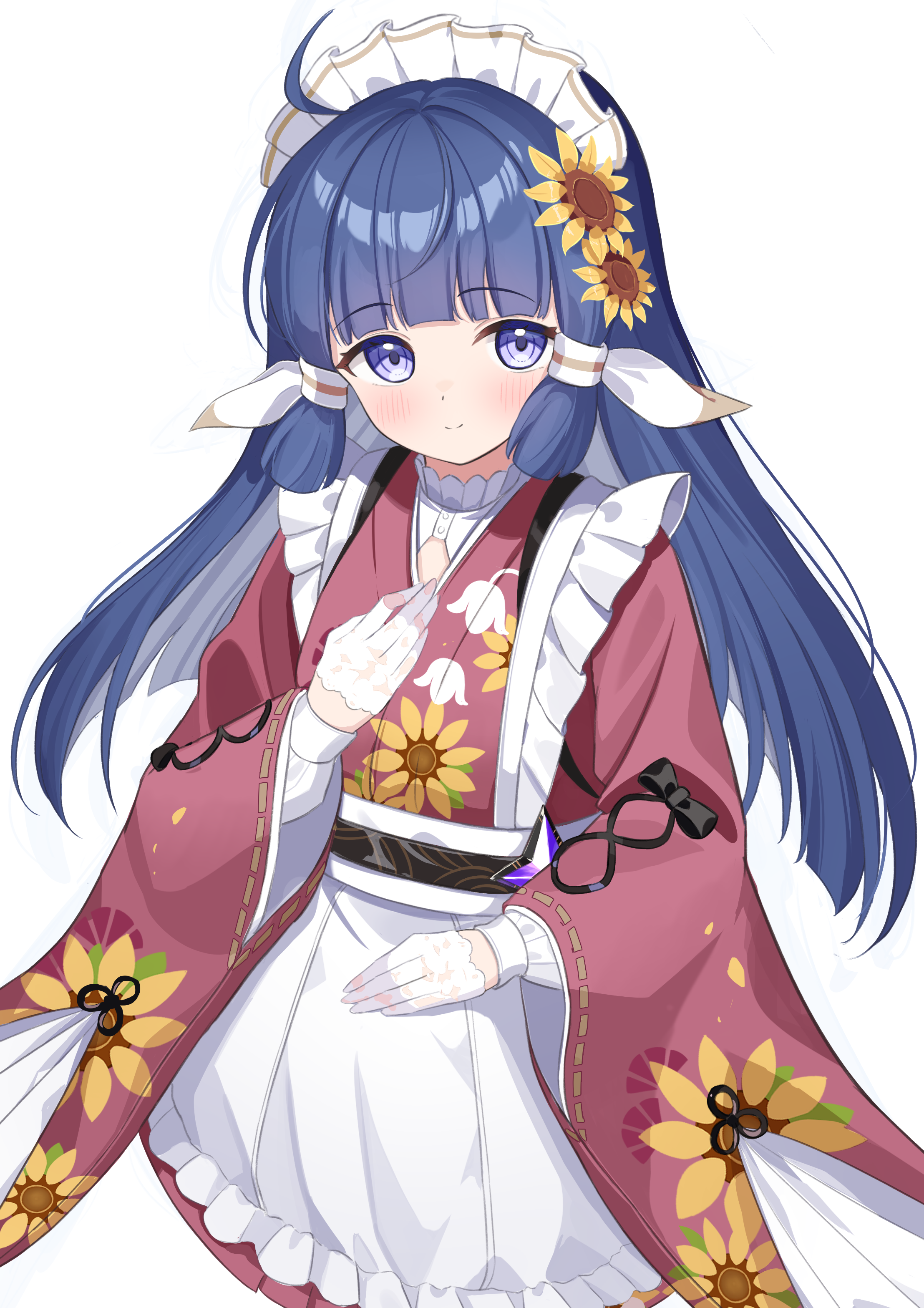 mikeran5648, nanoha (stella sora), stella sora, absurdres, commentary request, highres, 1girl, ahoge, apron, blue eyes, blue hair, blunt bangs, blush, closed mouth, floral print, flower, gloves, hair flower, hair ornament, half gloves, japanese clothes, kimono, lace, lace gloves, long hair, long sleeves, maid, maid apron, maid headdress, pink kimono, sidelocks, simple background, smile, solo, sunflower, sunflower hair ornament, wa maid, waist apron, white apron, white background, white gloves, wide sleeves