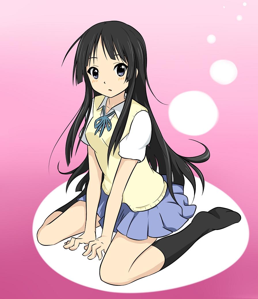 gurio, akiyama mio, k-on!, jpeg artifacts, 00s, 1girl, black hair, blue eyes, blunt bangs, female focus, full body, hime cut, long hair, school uniform, sitting, skirt, socks, solo