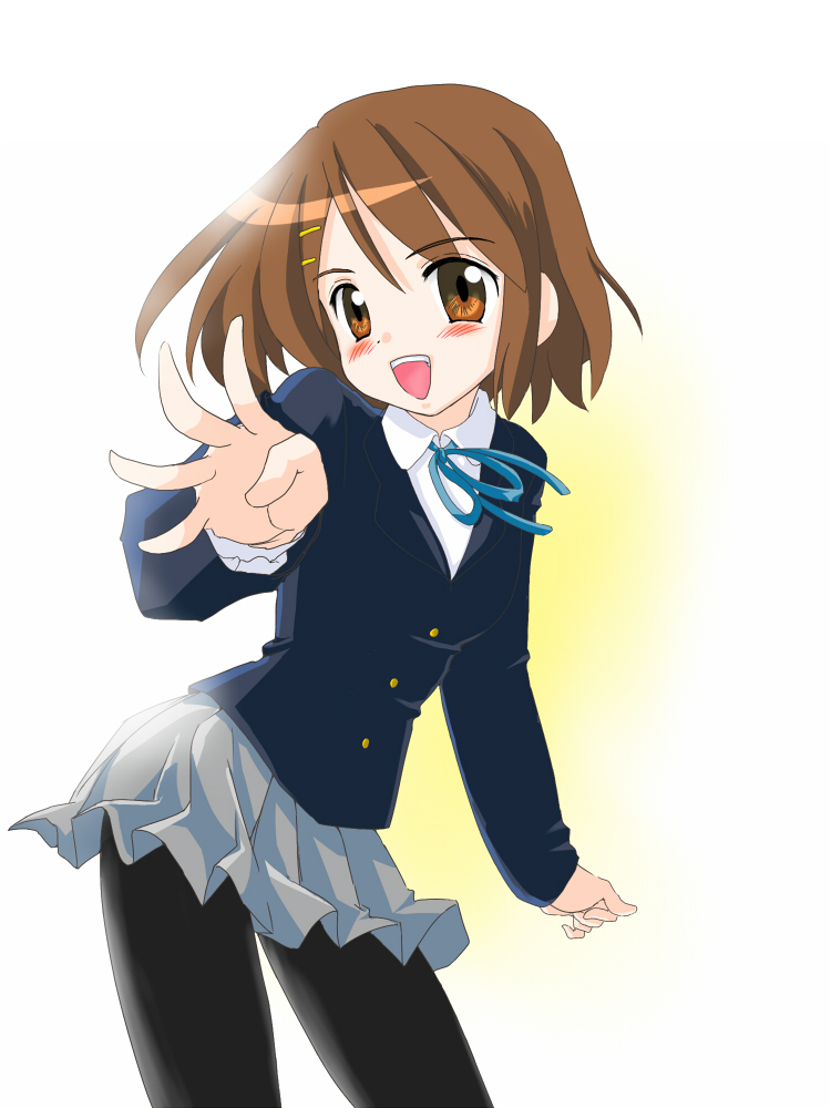 ezaki yukiyoshi, hirasawa yui, k-on!, 00s, 1girl, brown eyes, brown hair, female focus, gradient background, open mouth, pantyhose, school uniform, short hair, solo