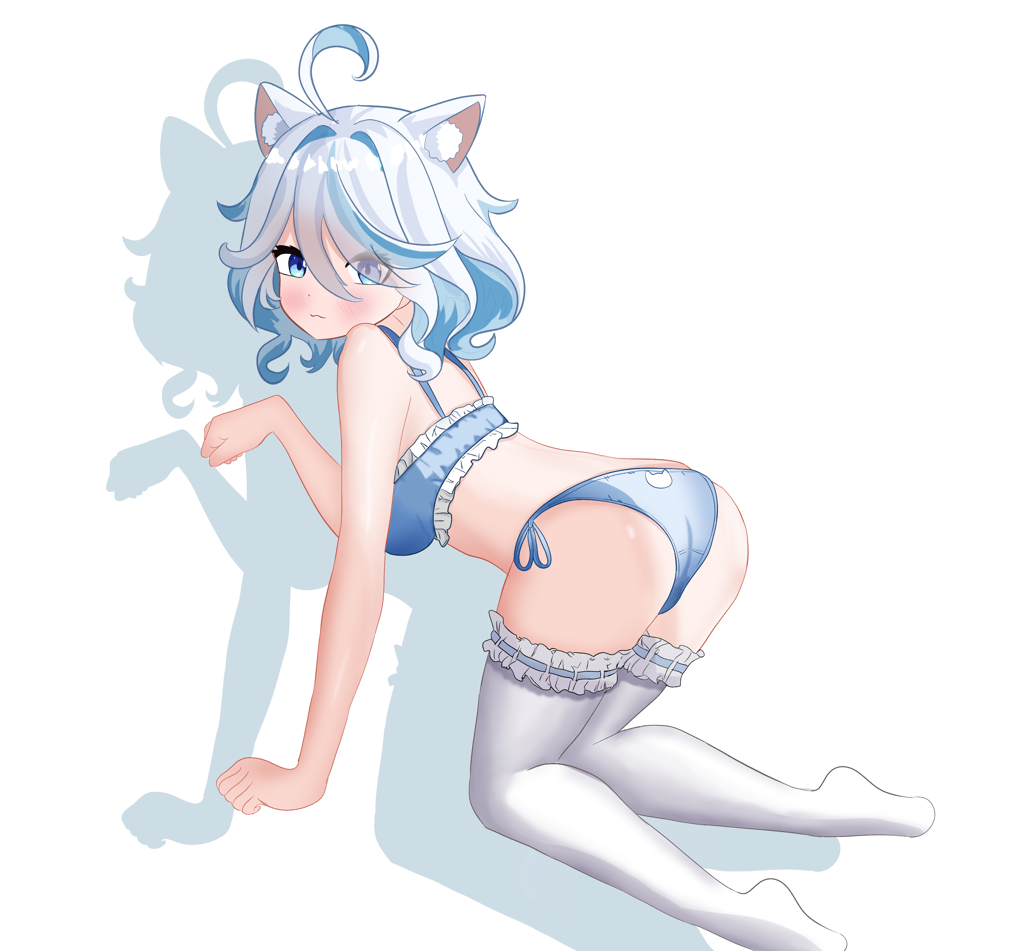 andrl, furina (genshin impact), genshin impact, absurdres, highres, 1girl, :3, ahoge, animal ear fluff, animal ears, bare shoulders, blue bra, blue eyes, blue hair, blue panties, blue pupils, blush, bra, breasts, cat ears, cat girl, cat lingerie, closed mouth, frills, hair between eyes, indoors, looking at viewer, multicolored hair, on bed, panties, paw pose, pillow, shadow, simple background, smile, socks, solo, thighhighs, underwear, white background, white hair, white socks, white thighhighs
