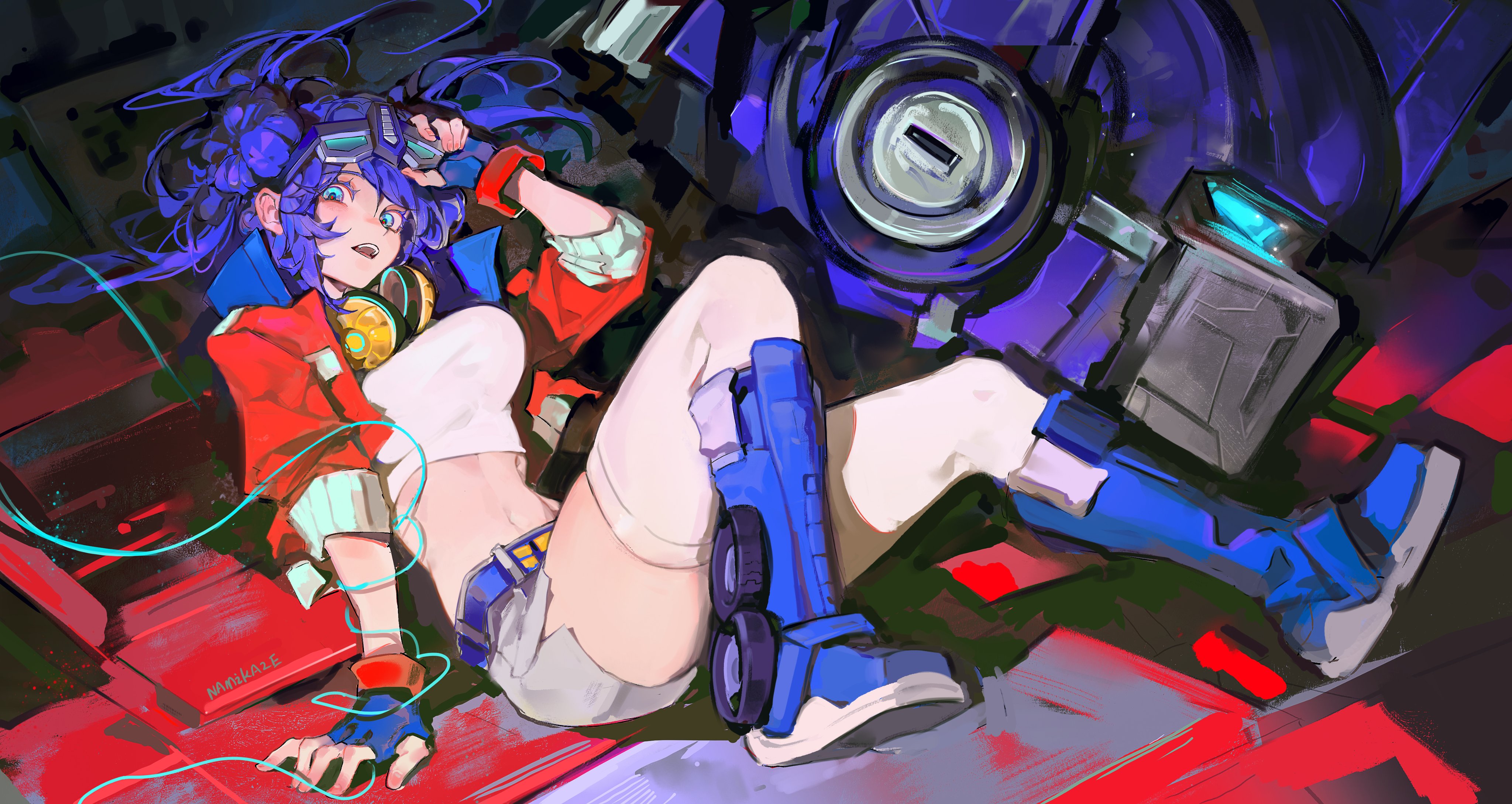 namikaze (dobbyka), optimus prime, optimus prime (kotobukiya bishoujo), kotobukiya bishoujo, transformers, absurdres, highres, 1girl, belt, blue belt, blue boots, blue eyes, blue gloves, boots, breasts, cropped jacket, double bun, eyewear on head, fingerless gloves, genderswap, genderswap (mtf), gloves, grey shorts, hair bun, headphones, headphones around neck, humanization, jacket, looking at viewer, navel, open mouth, red jacket, shorts, solo, tinted eyewear