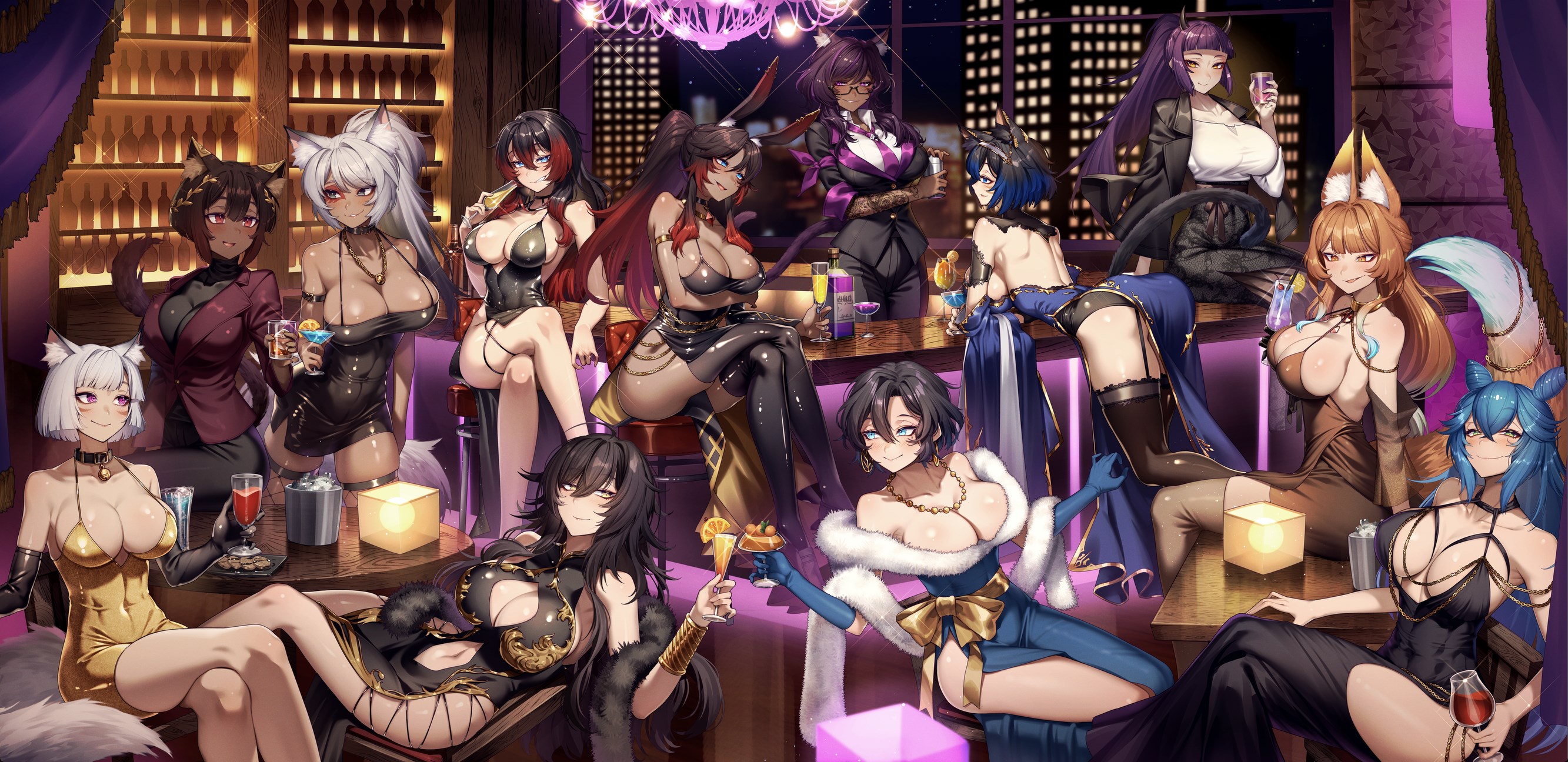 cluseller, catyla (bird8700), kirih shiraishi (sword scream), myria loussier (salverion), sera (judgemint), vivian grimelka (siverstorm), warrior of light (ff14), final fantasy, final fantasy xiv, original, gold armlet, annotated, commentary, commission, english commentary, highres, second-party source, 6+girls, akane (azuretaryu), animal ear fluff, animal ears, arm strap, arm tattoo, armlet, backless dress, backless outfit, bar (place), bare shoulders, bell, belt collar, bent over, bent over furniture, black-framed eyewear, black dress, black gloves, black hair, black horns, black jacket, black pants, black shirt, black suit, black tail, black thighhighs, blonde hair, blue dress, blue eyes, blue gloves, blue hair, blue tail, blunt bangs, blunt ends, blush, bracer, breasts, brown hair, brown tail, cat ears, cat girl, cat tail, chain, chair, chandelier, cherry, cleavage cutout, clothing cutout, cocktail, cocktail glass, collar, collarbone, colored lapels, covered navel, cross-laced slit, crossed bangs, crossed legs, cup, dark-skinned female, dark skin, demon girl, demon horns, double-parted bangs, dragon tattoo, dress, drinking glass, drinking straw, earrings, elbow gloves, elbow rest, evening gown, everyone, facial mark, fishnet thighhighs, fishnets, food, formal clothes, fox ears, fox girl, fox tail, fruit, fur-trimmed dress, fur scarf, fur trim, garter straps, glass bottle, glasses, gloves, gold bow, gold chain, gold dress, gold earrings, gold necklace, gold trim, gradient hair, gradient tail, green eyes, grey eyes, grey hair, hair between eyes, hair horns, head wreath, high-waist skirt, holding, holding cocktail shaker, holding cup, horns, ice, ice cube, jacket, jacket on shoulders, jellyfish cut, jewelry, jingle bell, lamp, lapels, large breasts, laurel crown, leather, leather jacket, lemon, lemon slice, long hair, looking at another, looking at viewer, miqo'te, mole, mole under eye, multicolored hair, multiple girls, navel cutout, neck bell, necklace, necktie, night, no bra, notched lapels, o'sha (ltxaesthetic), on stool, orange (fruit), orange eyes, orange slice, pant suit, pants, parted bangs, pendant choker, plunging neckline, ponytail, purple eyes, purple hair, purple jacket, purple necktie, purple tail, rabbit ears, rabbit girl, reclining, red hair, rei (freezeflamefox), samantha silver (ssilverbc), sash, shirt, short dress, short hair, side slit, silver (shipsinfloat), sitting, skirt, sky, sleeveless, sleeveless dress, smile, spaghetti strap, star (sky), starry sky, strapless, strapless dress, suit, suit jacket, table, tail, tattoo, tattoo sleeve, thighhighs, toasting (gesture), tsubaki (powercrasher2), tsurime, two-sided dress, two-sided fabric, violet (siverstorm), whisker markings, white hair, white shirt, wooden chair, wooden table, yellow eyes, yellow sash
