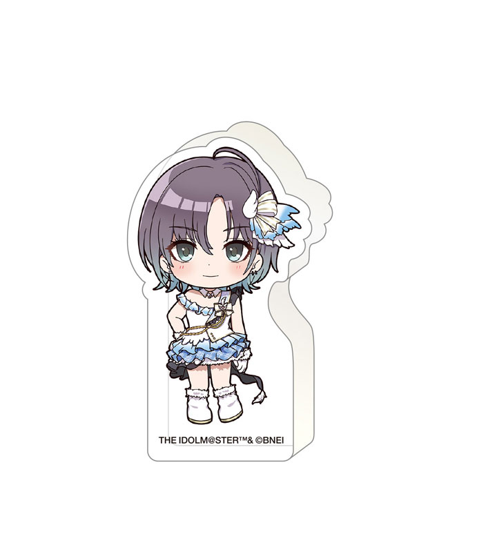 asakura toru, idolmaster, idolmaster shiny colors, official art, 1girl, blue eyes, blush, dress, gradient hair, jewelry, multicolored hair, shoes, short hair, smile, solo, standing, white background, white shoes