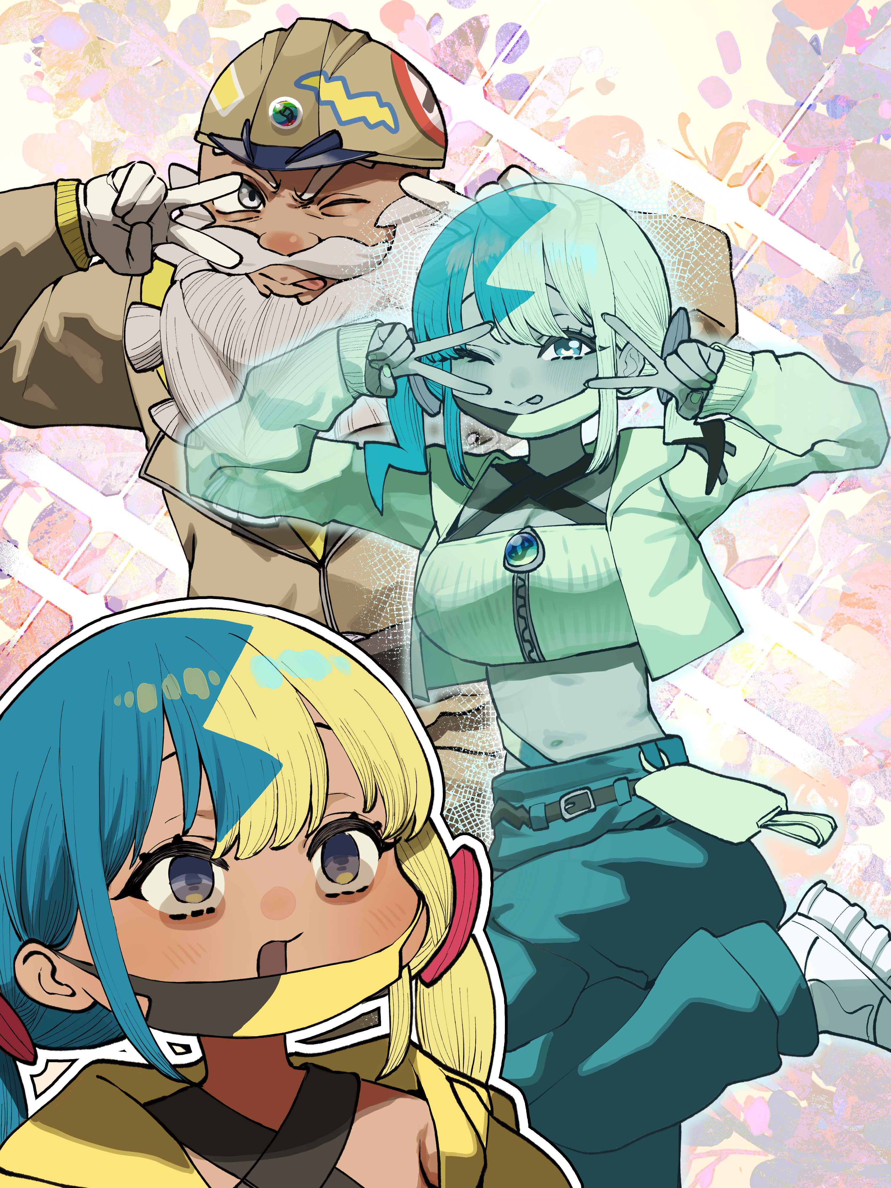 chroong, canari (pokemon), tarragon (pokemon), nintendo, pokemon, pokemon legends: z-a, absurdres, commentary request, highres, korean commentary, 1boy, 1girl, beard, belt, closed mouth, double v, facial hair, gloves, grandfather and granddaughter, hands up, helmet, hood, hood down, hooded jacket, jacket, leg up, long sleeves, mask, mask pull, mouth mask, multicolored hair, multiple views, one eye closed, open mouth, pants, shoes, short twintails, sleeves past wrists, tongue, tongue out, twintails, v, white shoes, yellow jacket