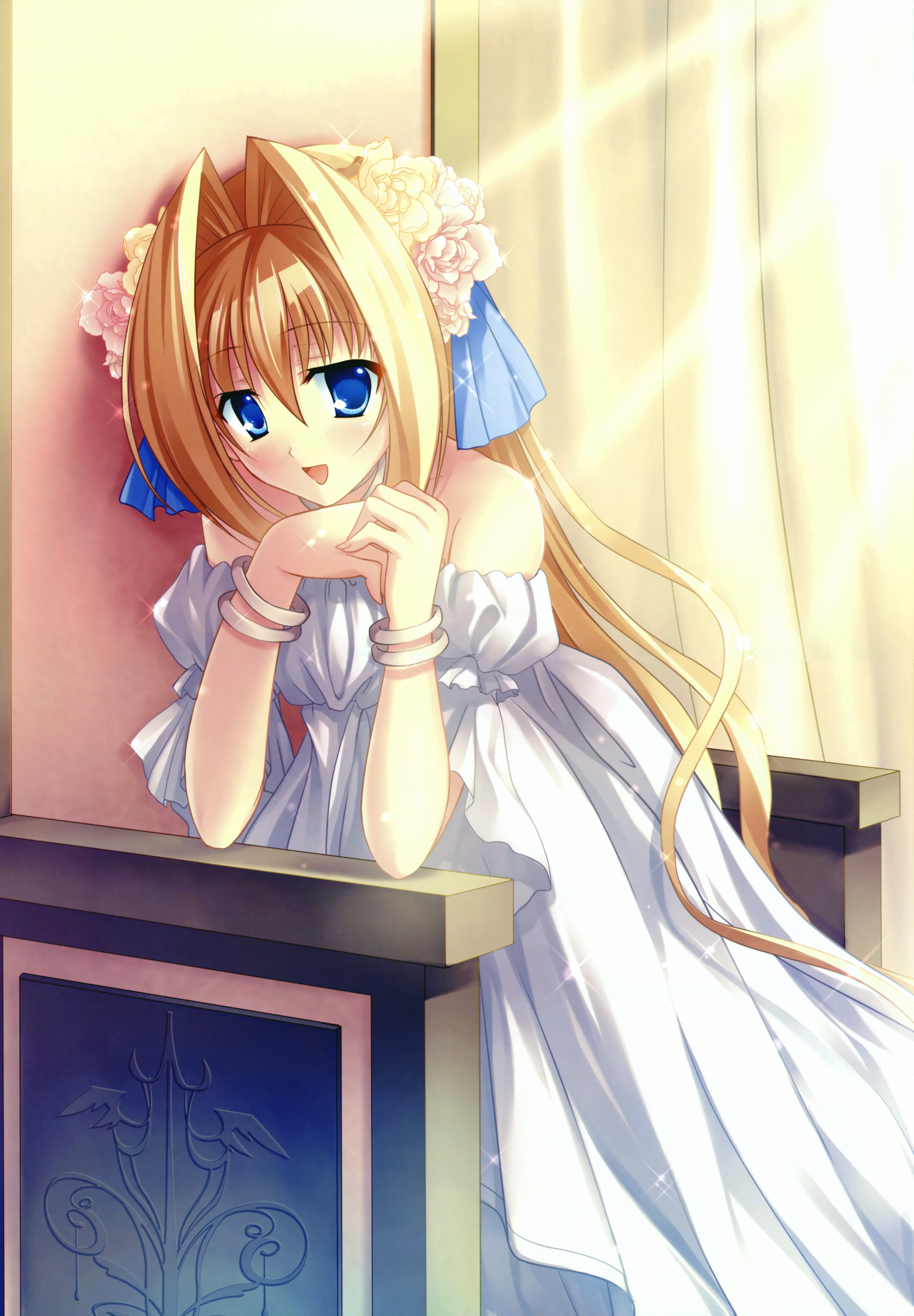 kayura yuka, filriya, circus (studio), valkyrie complex, absurdres, highres, 1girl, bare shoulders, blonde hair, blue eyes, bracelet, dress, female focus, jewelry, light rays, long hair, solo, sunbeam, sunlight