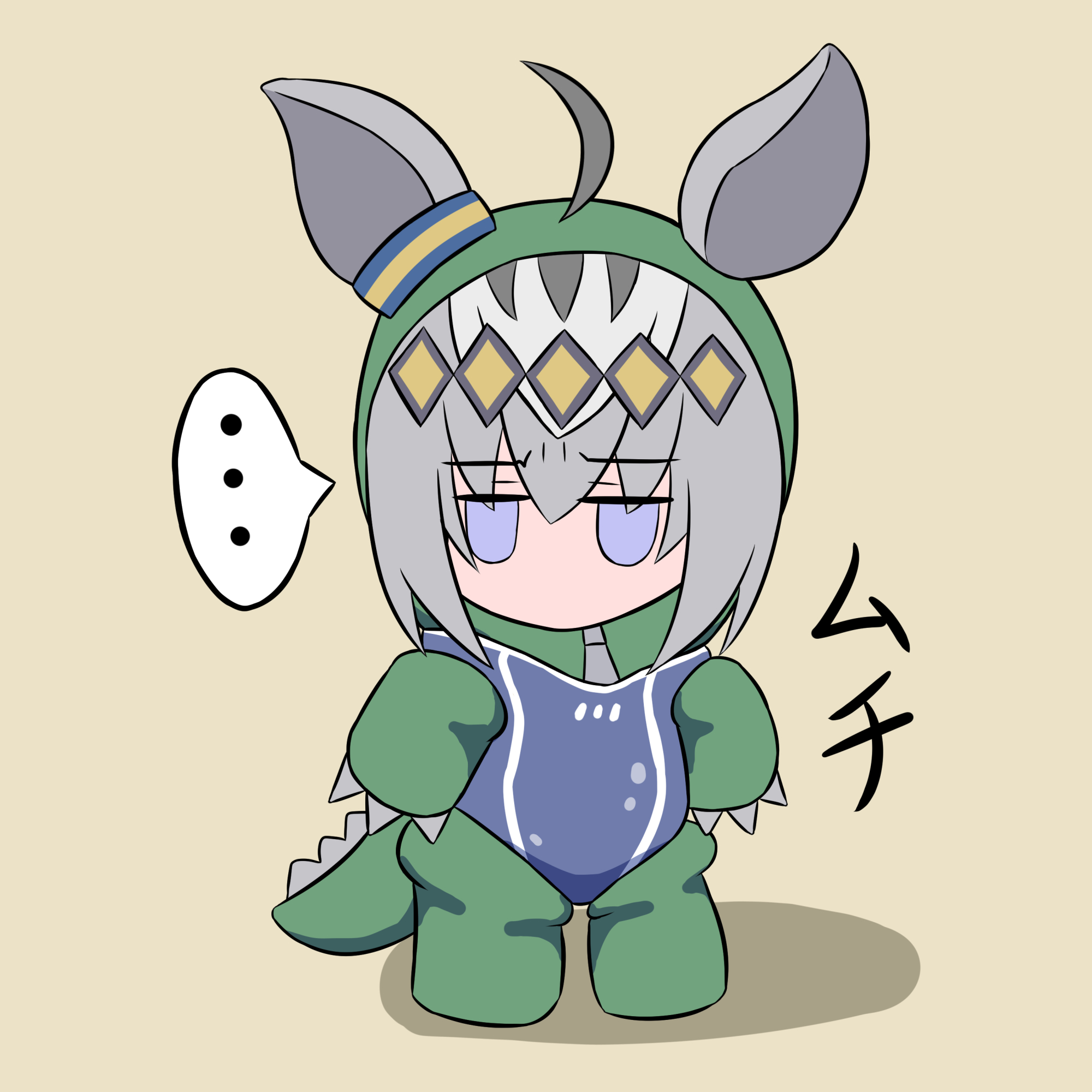 kishiroki, oguri cap (gray monster) (umamusume), oguri cap (umamusume), umamusume, umamusume: cinderella gray, highres, …, 1girl, ahoge, animal ears, blue eyes, blue one-piece swimsuit, chibi, claws, competition school swimsuit, competition swimsuit, costume, dinosaur costume, grey hair, hair between eyes, horse ears, horse girl, long hair, multicolored hair, no mouth, one-piece swimsuit, school swimsuit, simple background, solo, speech bubble, swimsuit, tail, tracen swimsuit
