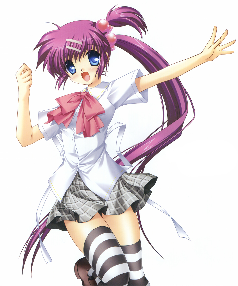 hinoue itaru, saigusa haruka, little busters!, highres, 1girl, blue eyes, bow, female focus, pink bow, purple hair, school uniform, solo, thighhighs