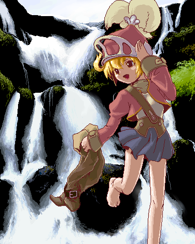 mikuni aoi, onion knight, onion knight (fft), ramza beoulve, final fantasy, final fantasy tactics, lowres, 1boy, ahoge, barefoot, blonde hair, boots, buckle, crossdressing, crossdressing (mtf), helmet, holding, holding shoes, holding unworn clothes, legs, lipstick, makeup, male focus, miniskirt, oekaki, outdoors, shoes, skirt, solo, trap, unworn shoes, water, waterfall