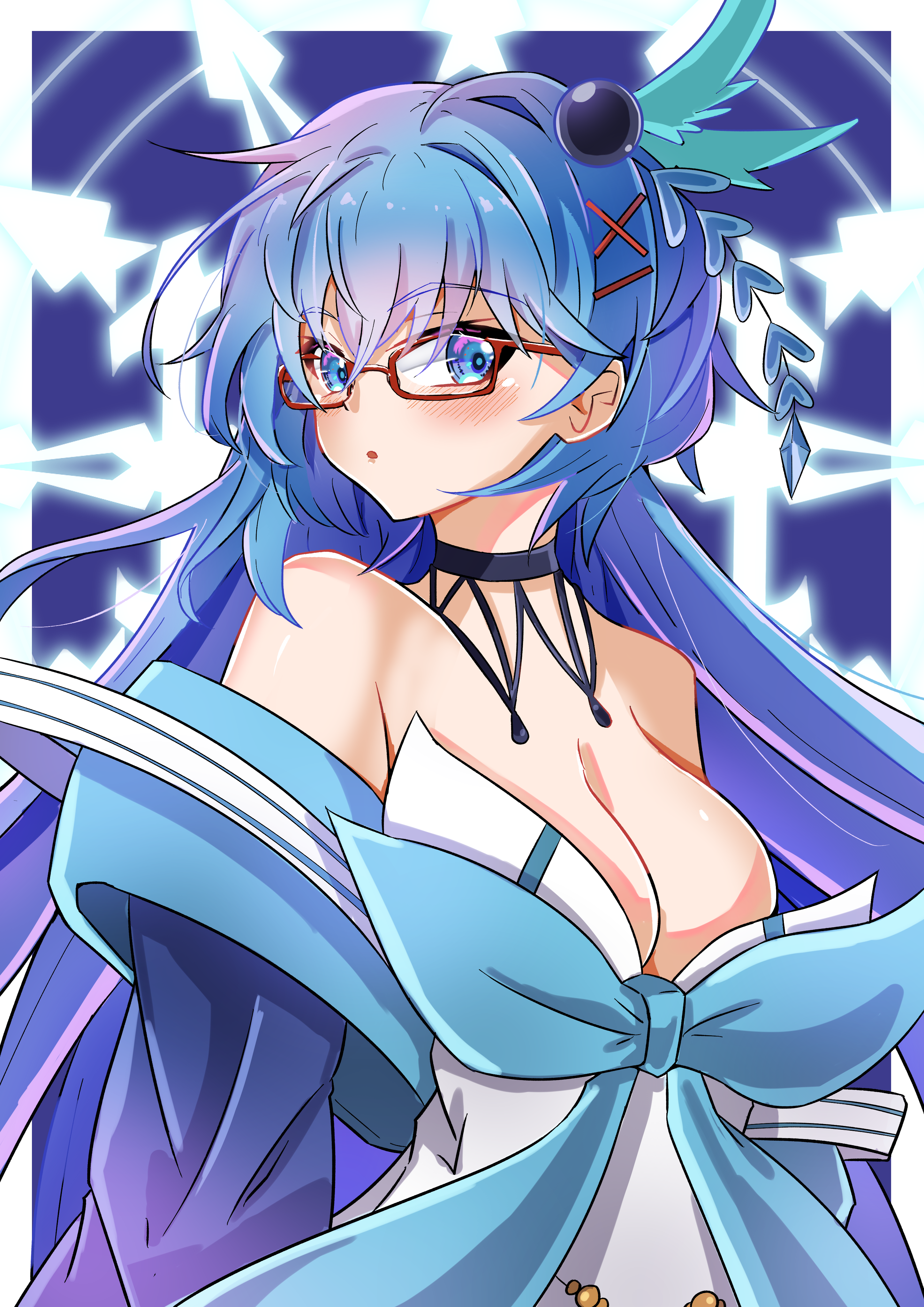 bakuma, piruluk, wixoss, absurdres, highres, 1girl, black choker, blue eyes, blue hair, blush, breasts, choker, cleavage, dress, glasses, hair ornament, hairpin, large breasts, long hair, looking at viewer, open mouth, red-framed eyewear, solo, white dress, x hair ornament