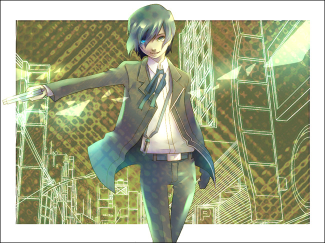 tatsuji, yuuki makoto (persona 3), atlus, persona, persona 3, bad id, bad pixiv id, 1boy, blue eyes, blue hair, gun, male focus, matching hair/eyes, school uniform, short hair, solo, weapon
