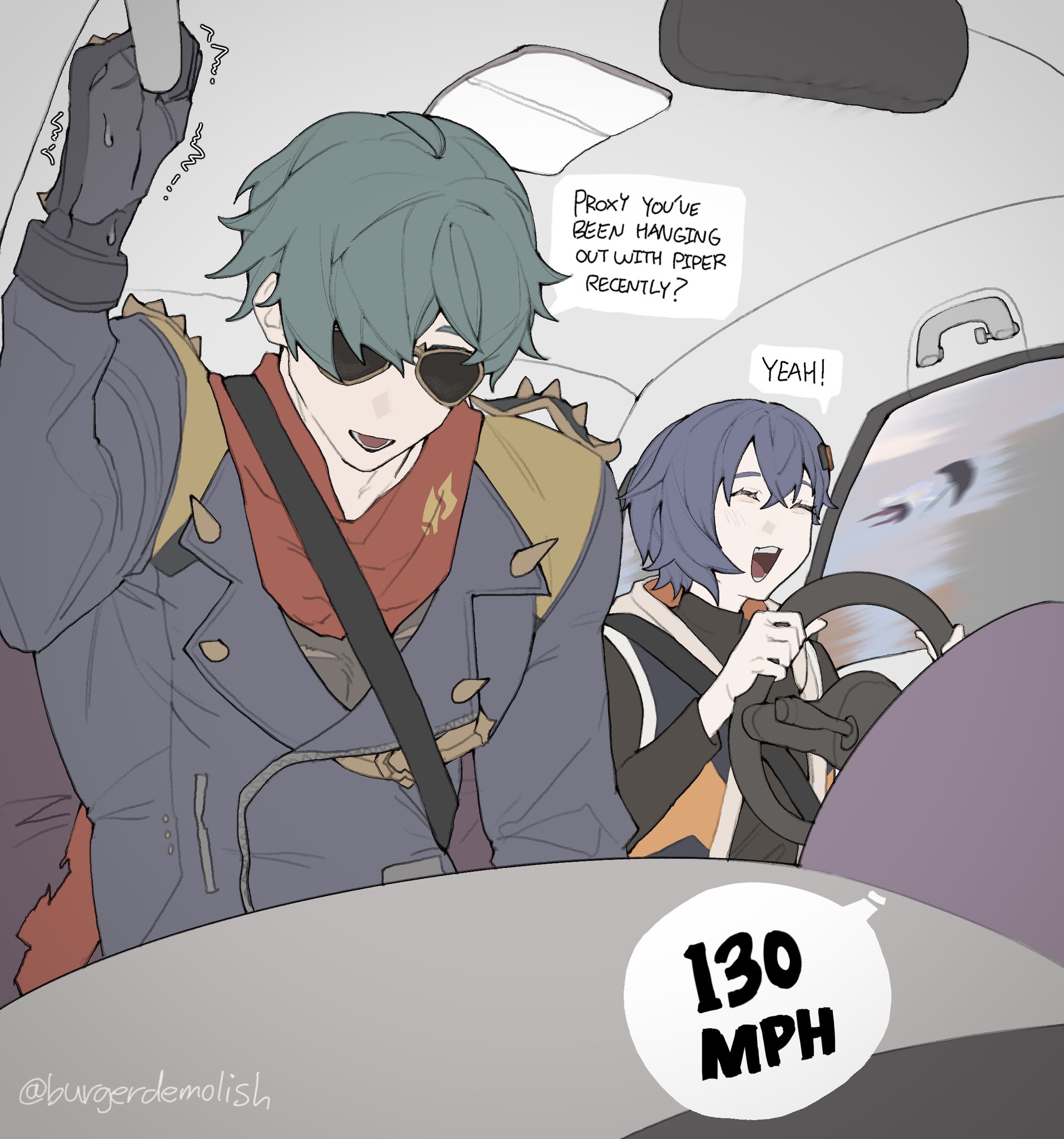 meous, belle (zenless zone zero), lighter (zenless zone zero), zenless zone zero, commentary, english commentary, highres, 1boy, 1girl, black shirt, blue hair, blue jacket, blush, car, car interior, closed eyes, driving, english text, green hair, hair between eyes, hair over one eye, jacket, lamp, leather, leather jacket, motion blur, motor vehicle, open mouth, red scarf, scarf, shirt, short hair, shoulder spikes, sleeveless, sleeveless jacket, speech bubble, spiked jacket, spikes, steering wheel, studded gloves, sunglasses, sweat, torn clothes, torn scarf, torn shirt, trembling, twitter username, window