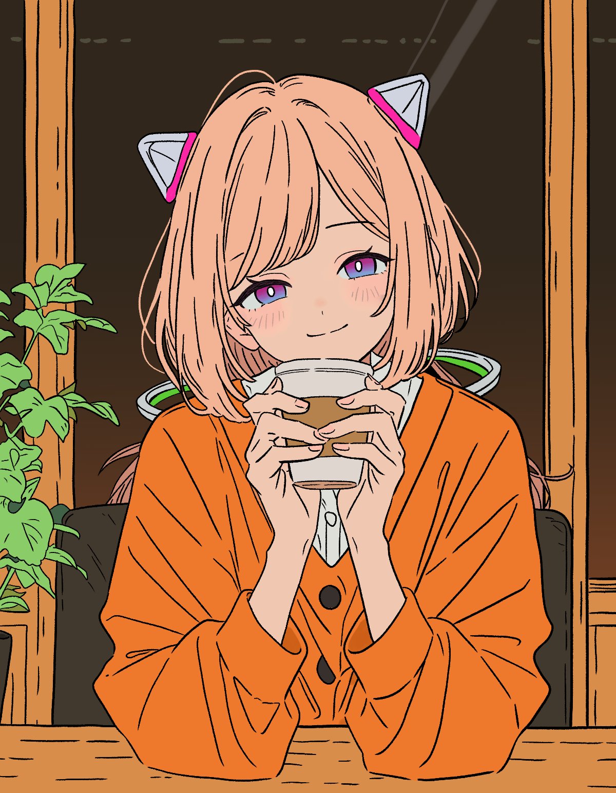 aki rosenthal, hololive, highres, 1girl, blonde hair, blush, bob cut, cardigan, closed mouth, cup, detached hair, disposable coffee cup, disposable cup, elbows on table, headgear, holding, holding cup, long sleeves, looking at viewer, low twintails, orange cardigan, parted bangs, seiku092, smile, solo, twintails