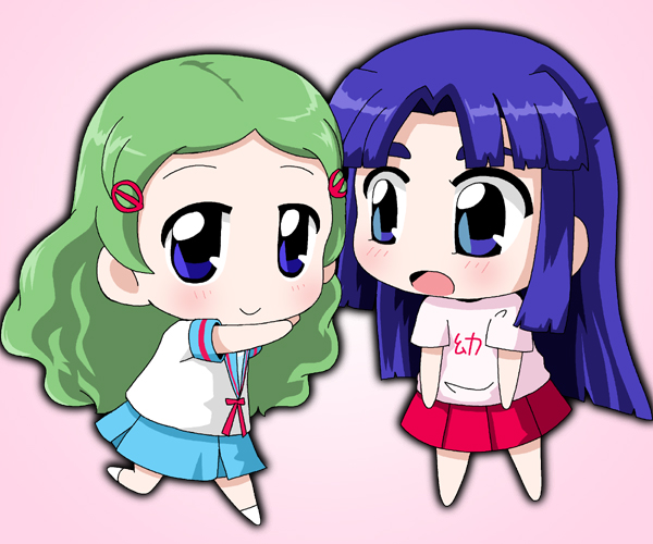 kono, kono1, achakura, asakura ryoko, kimidori emiri, suzumiya haruhi-chan no yuuutsu, suzumiya haruhi no yuuutsu, 00s, 2girls, blue eyes, blue hair, chibi, green hair, long hair, multiple girls, school uniform, serafuku
