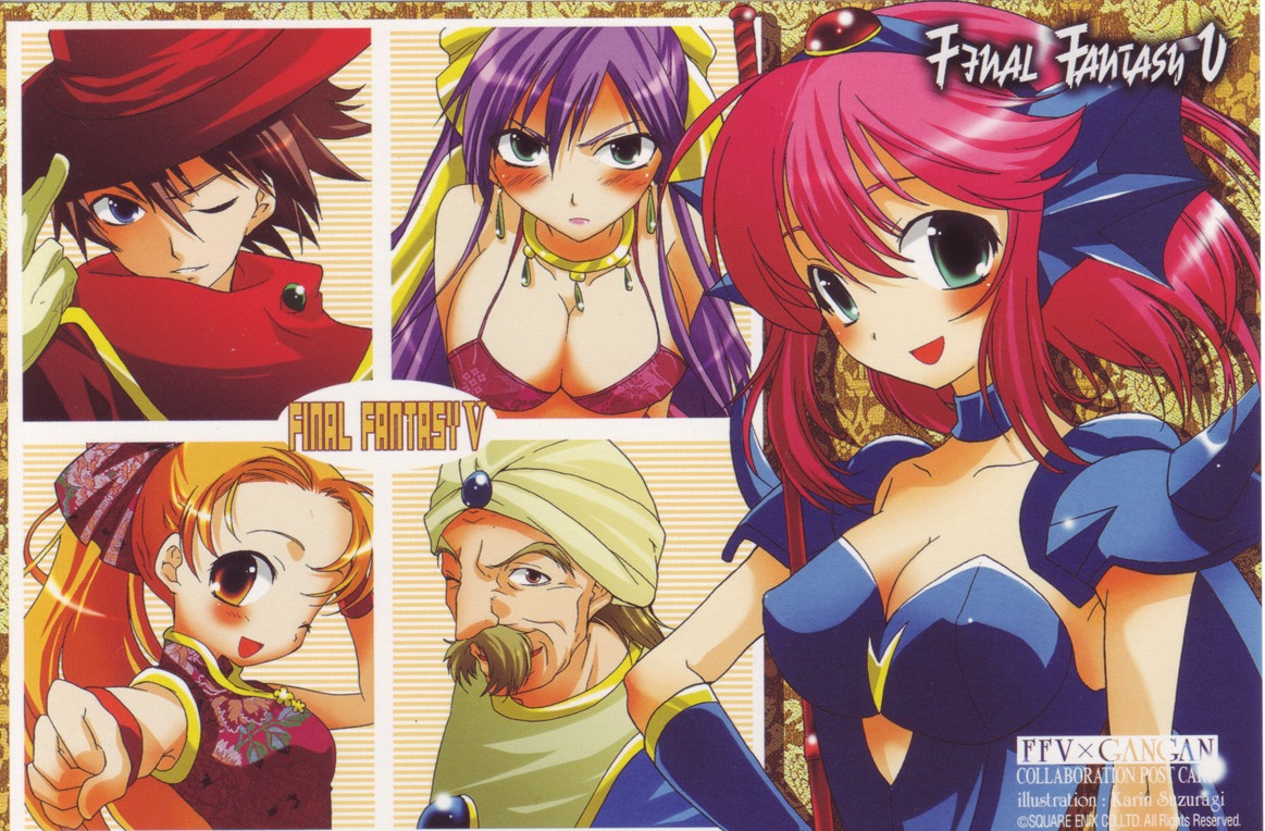 suzuragi karin, bartz klauser, dragoon (final fantasy), faris scherwiz, galuf halm baldesion, krile mayer baldesion (ff5), lenna charlotte tycoon, monk (final fantasy), mystic knight, red mage (final fantasy), final fantasy, final fantasy v, 1990s (style), 2boys, 3girls, armor, blonde hair, blue eyes, blush, breasts, brown eyes, brown hair, china dress, chinese clothes, choker, cleavage, copyright name, dancer, dragoon, dress, earrings, facial hair, green eyes, hat, jewelry, large breasts, long hair, monk, multiple boys, multiple girls, mustache, necklace, one eye closed, pink hair, ponytail, purple hair, retro artstyle, short hair, smile, turban, wink