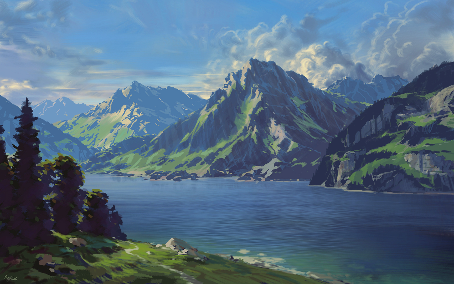 philipp urlich, original, highres, blue sky, blurry, blurry background, cloud, cloudy sky, day, depth of field, forest, lake, landscape, mountain, mountainous horizon, nature, no humans, outdoors, ripples, river, scenery, shore, sky, tree, valley