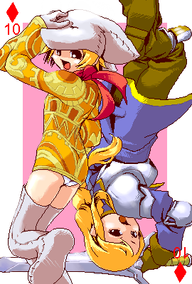 mikuni aoi, agrias oaks, mime (fft), ramza beoulve, final fantasy, final fantasy tactics, lowres, armor, ass, blonde hair, boots, card, card (medium), crossdressing, long hair, mask, oekaki, panties, pantyshot, playing card, playing card (medium), rotational symmetry, scarf, skirt, sword, thigh boots, thighhighs, trap, underwear, upside-down, upskirt, weapon, white panties, zettai ryouiki
