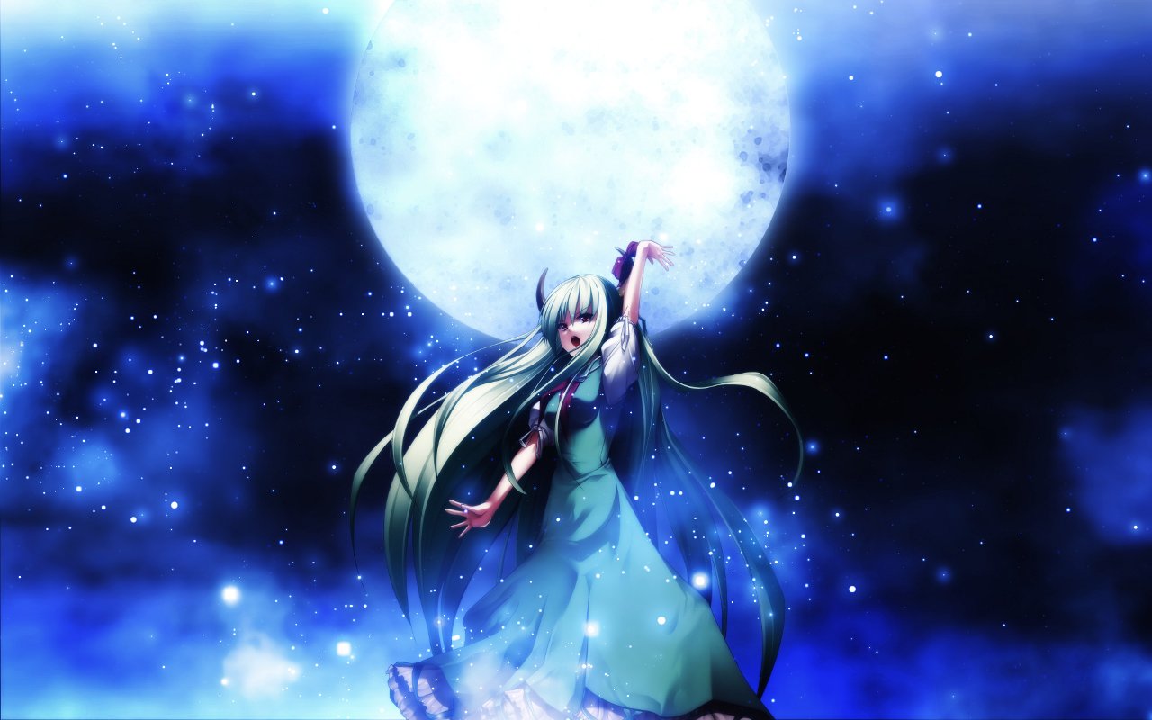 konpakuyoumu myon, ex-keine, kamishirasawa keine, touhou, bad id, bad pixiv id, 1girl, female focus, green hair, horns, long hair, moon, ribbon, solo, standing, yellow eyes