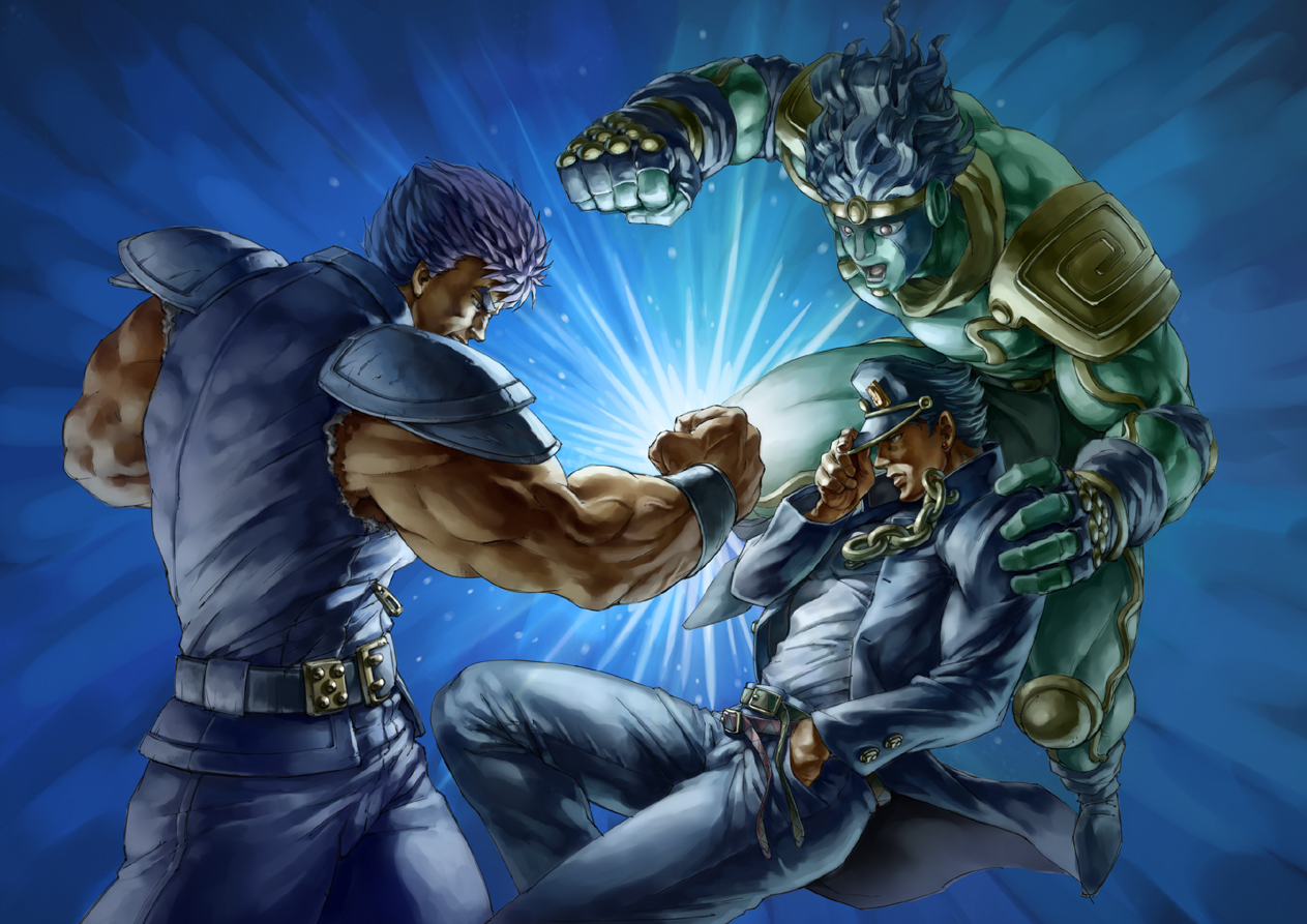 simulex, kenshiro, kuujou joutarou, star platinum, hokuto no ken, jojo no kimyou na bouken, shounen jump, 3boys, :d, adjusting clothes, adjusting headwear, armband, armor, battle, belt, belt buckle, black hair, bracer, buckle, chain, clenched hand, colored skin, company connection, cowboy shot, crossover, denim, epic, fingerless gloves, gloves, green skin, hand in pocket, hand on another's shoulder, hat, jacket, jeans, knee pads, light rays, long coat, male focus, manly, multiple boys, muscular, open clothes, open jacket, open mouth, pants, pauldrons, shoulder armor, shoulder pads, smile, stand (jojo), standing